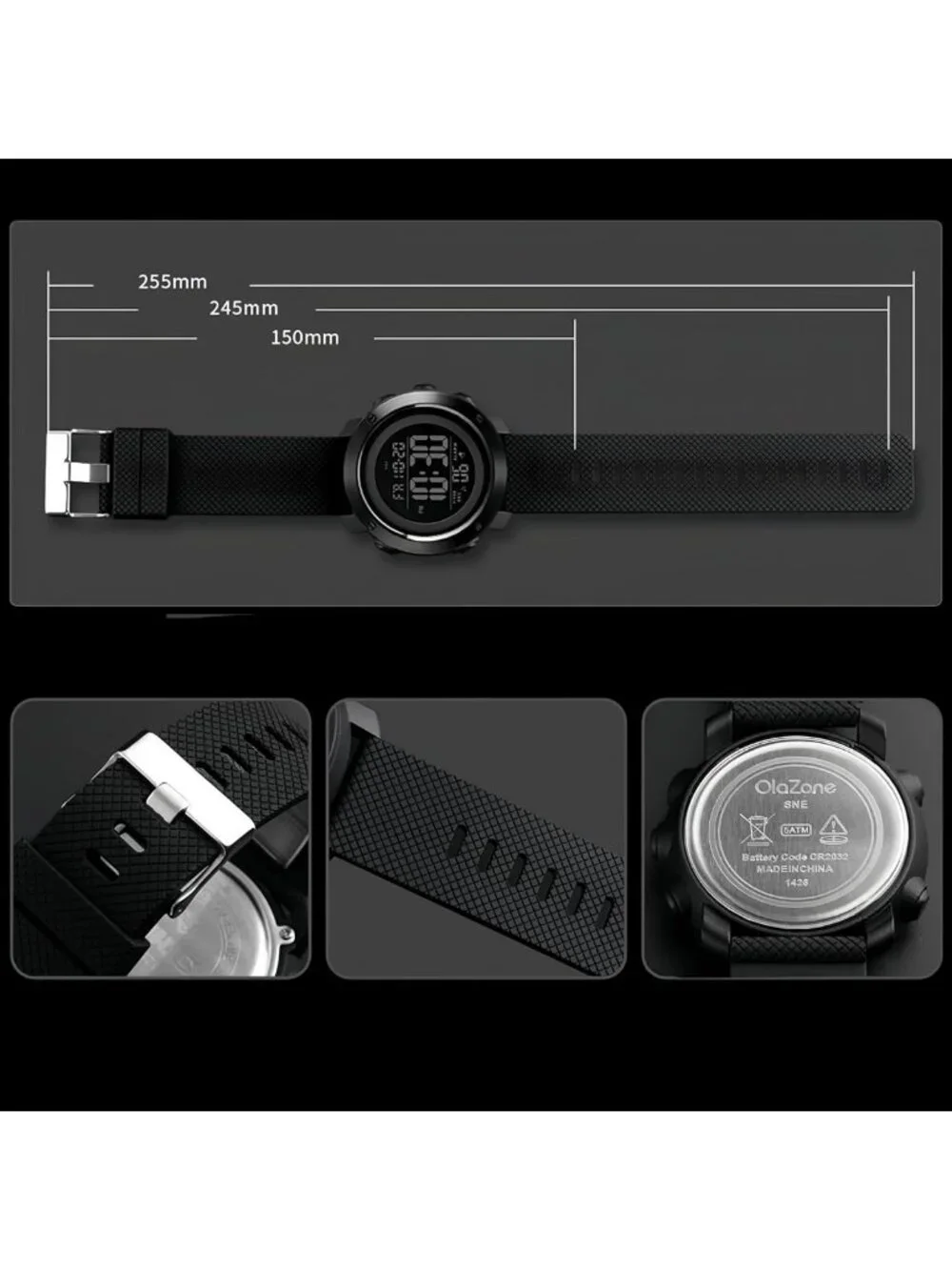 Men's Waterproof Digital Sports Watch with Backlight - Military Style, Black